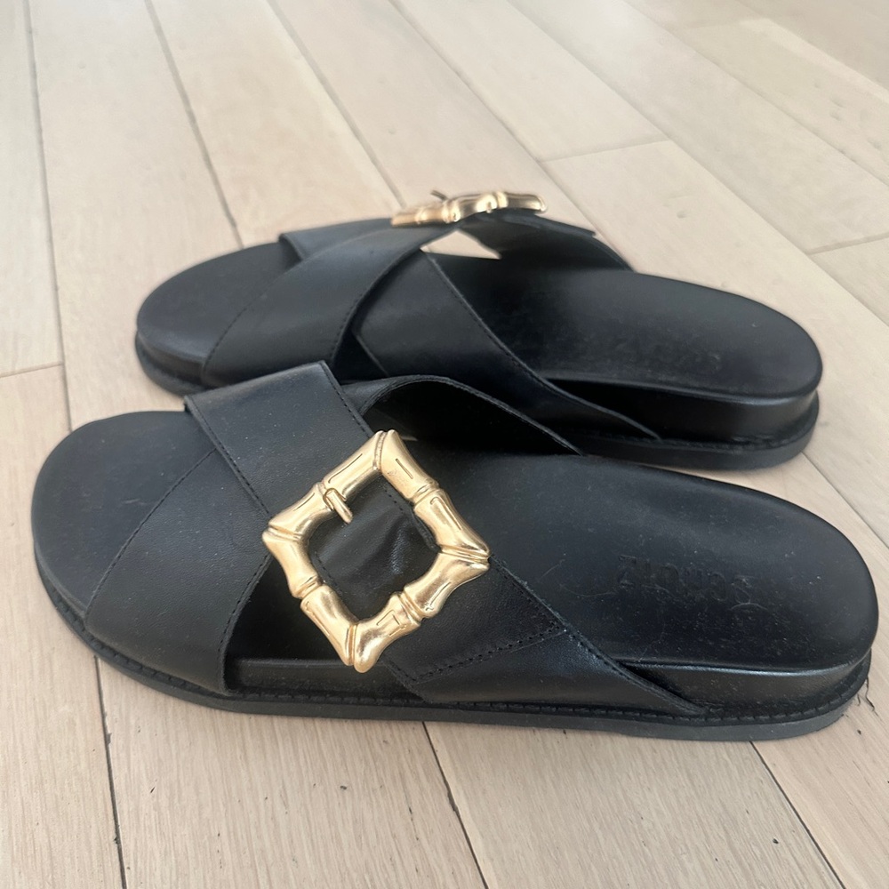 Schutz Black Leather Sandals with Gold Buckle - LIKE NEW!